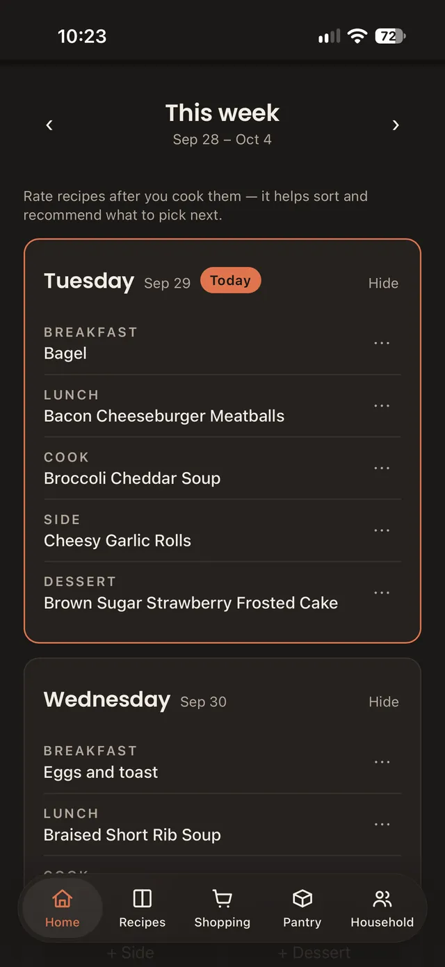 cuterie's week plan on iPhone, showing today's breakfast, lunch and dinner