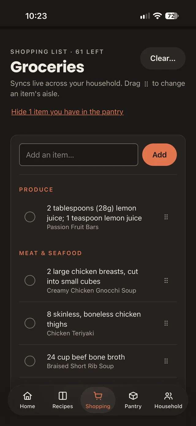 cuterie's shopping list on iPhone, grouped by aisle with the recipe each item is for